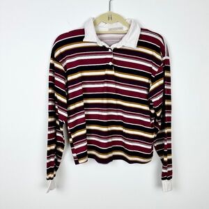 Active USA Striped Collared Quarter Button Long Sleeve Cuffed Shirt